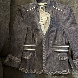 Bebe Dark Denim Blazer with Striped Accents NWT Size 10